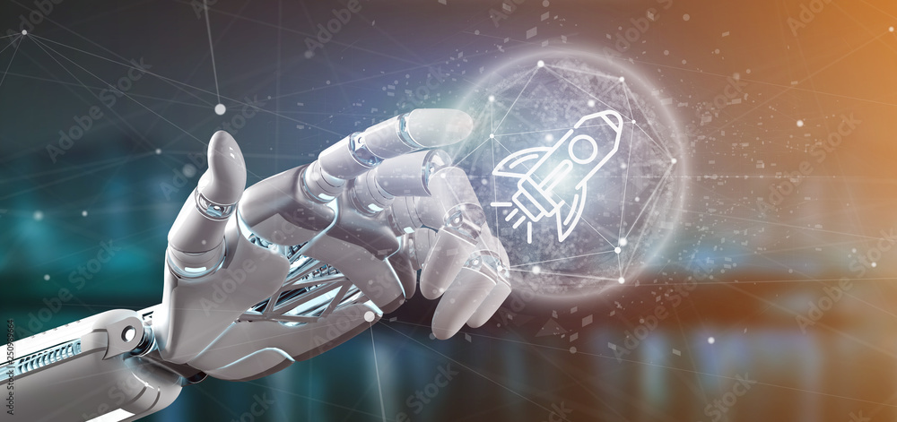 Poster cyborg hand holding a start up rocket on a sphere 3d rendering