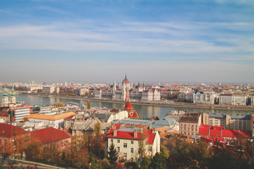Fototapeta na wymiar Budapest Hungary Sunset Panorama of Budapest Hungary with the Chain Bridge, and the Parliament