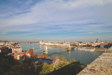 Naklejka premium Budapest Hungary Sunset Panorama of Budapest Hungary with the Chain Bridge, and the Parliament