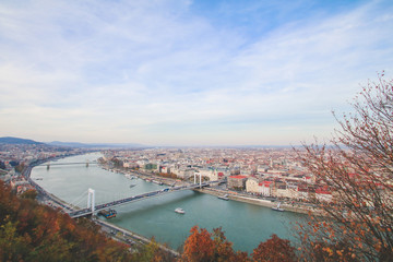 Fototapeta premium Budapest Hungary Sunset Panorama of Budapest Hungary with the Chain Bridge, and the Parliament