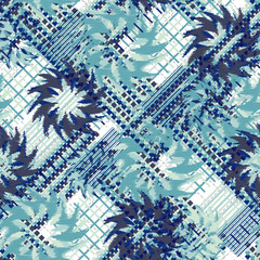 Seamless pattern patchwork design. Striped print with tartan lines and flowers. Watercolor effect. Suitable for bed linen, leggings, shorts and fashion industry.