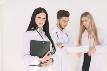 successful pediatrician in front of his colleagues.