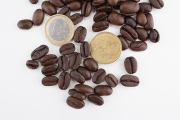 Naklejka premium Euro Moneys with stack of coffee beans