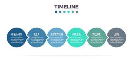 Business infographics. Timeline with 6 steps, options, circles. Vector template.