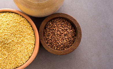 Superfood, groats & seeds, a healthy mix for healthy lifestyle on stone neutral background