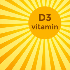 Vitamin D3 on yellow and orange sunrays vintage background