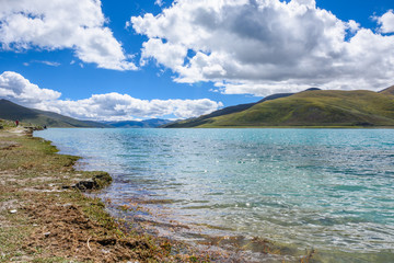  View of Yamdrok Lake (also known as Yamdrok Yumtso or Yamzho Yumco), it is a freshwater lake, one...