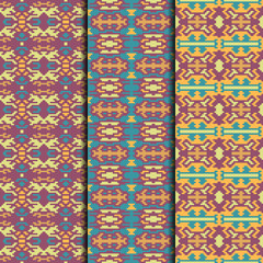 Set of 3 seamless patterns tribal design. Ethnic textile prints. Vector fashion backgrounds.