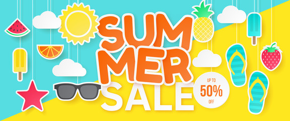 Summer sale vector banner. Paper cut. Can used for banners,Wallpaper,flyers, invitation, posters, brochure, voucher discount. Vector illustration
