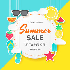 Summer sale vector background. Paper cut. Can used for banners,Wallpaper,flyers, invitation, posters, brochure, voucher discount. Vector illustration