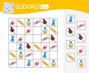 Sudoku game for children with pictures. Kids activity sheet.  Cartoon cute sweets.