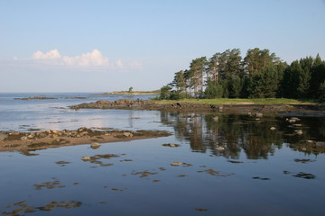 Beautiful sunset on the White sea. White night. Russian North. Karelia. Kiy island