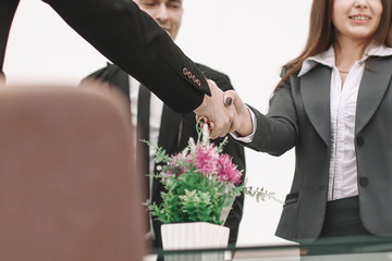 businesswoman handshake with business partner in modern office