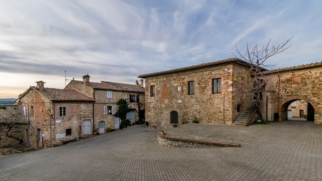 Panoramic view of the historic center of the medieval village of Murlo, Siena, Tuscany, Italy