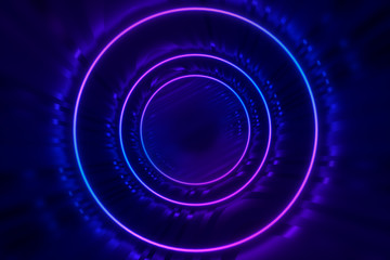 Round tunnel with reflective walls and neon circle illumination 3D Illustration
