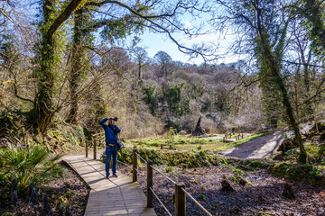 spring in the old park, on the wooden path the photographer photographs something; the gravel road and pond are shown to the right