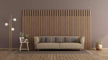 Living room with sofa and wooden paneling