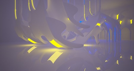 Abstract  white Futuristic Sci-Fi Gothic interior With Yellow And Blue Glowing Neon Tubes . 3D illustration and rendering.