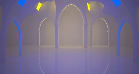 Abstract  white Futuristic Sci-Fi Gothic interior With Yellow And Blue Glowing Neon Tubes . 3D illustration and rendering.