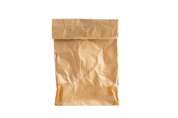 Brown paper bag used with clipping path . Wrinkled  kraft paper bag   isolated on white background ,side view.