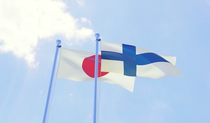 Japan and Finland, two flags waving against blue sky. 3d image