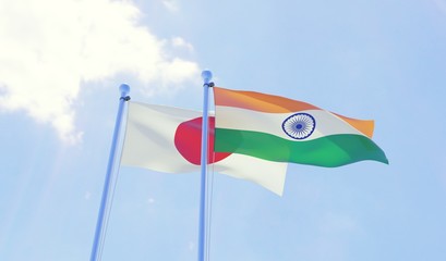 Japan and India, two flags waving against blue sky. 3d image