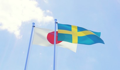 Japan and Sweden, two flags waving against blue sky. 3d image