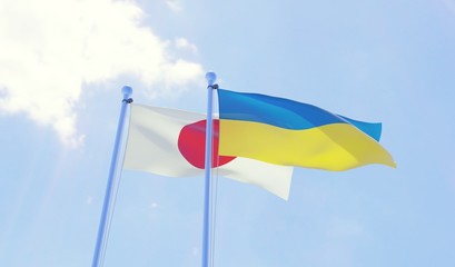 Japan and Ukraine, two flags waving against blue sky. 3d image