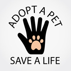 Adopt a pet, save a life. Text. Hand with paw vector illustration.