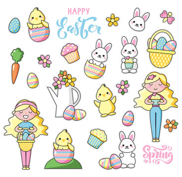 Set of cute kawaii Easter cartoon characters with lettering. Easter bunny, chick, flower, girl and basket of easter eggs. Beautiful Kawaii vector illustration for greeting card/poster/sticker.