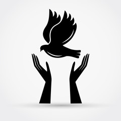 Hands holding dove. Peace concept simple vector iilustration.