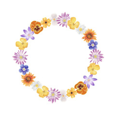 Watercolor spring flowers wreath on a blank background