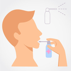 Man using throat spray simple flat vector illustration on grey background.