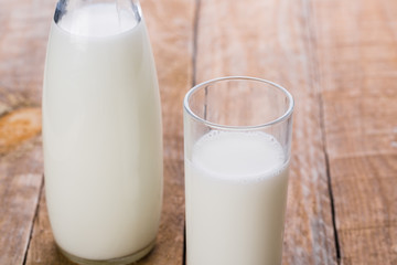 Dairy products. Bottle with milk and glass of milk