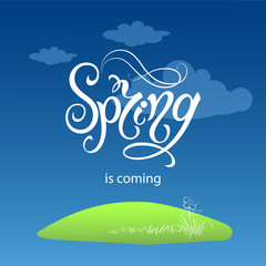 Spring time. Handwritten calligraphy lettering with grass background. Vector image.