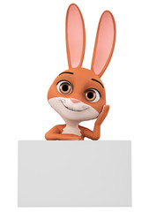 Character cartoon bunny and empty board. 3d rendering. Illustration for advertising.