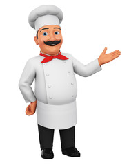 Character cartoon chef points hand at empty space. 3d rendering. Illustration for advertising.