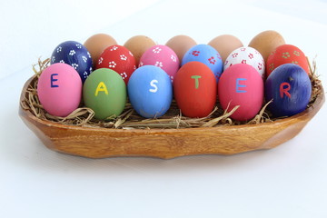 easter eggs in basket on white background