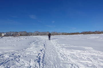 Skier on a walk on a snowy field. Ski walk. Beautiful winter day.