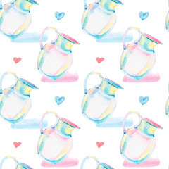Hand painted watercolor seamless pattern ceramic kitchen, vase, heart