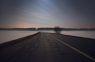 Night landscape of winter road.