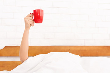 Female hand raised up coffee cup in bed