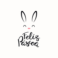 Fototapeta premium Lettering quote Feliz Pascoa, Happy Easter in Portuguese, with bunny face. Isolated objects on white background. Hand drawn vector illustration. Design concept, element for card, banner, invitation.
