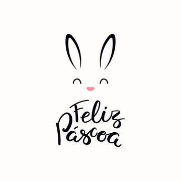 Lettering quote Feliz Pascoa, Happy Easter in Portuguese, with bunny face. Isolated objects on white background. Hand drawn vector illustration. Design concept, element for card, banner, invitation.
