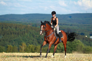 Young horse woman rides young horse on a harvested field in various gaits.