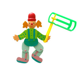 wooden colorful clown and plastic noisemaker or gragger for purim celebration holiday (jewish holiday) isolated on white