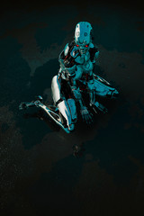 Fototapeta premium cyber female in a dark and wet background