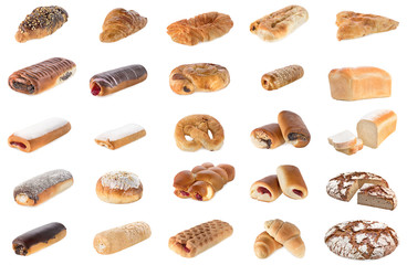 Collage of different pastries and bakery items, isolated on white