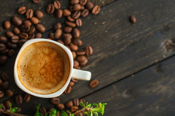 coffee fresh and hot, aroma. serving of beverage (coffee grain). food. top view. copy space