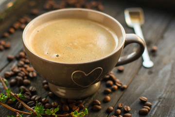 coffee fresh and hot, aroma. serving of beverage (coffee grain). food. top view. copy space